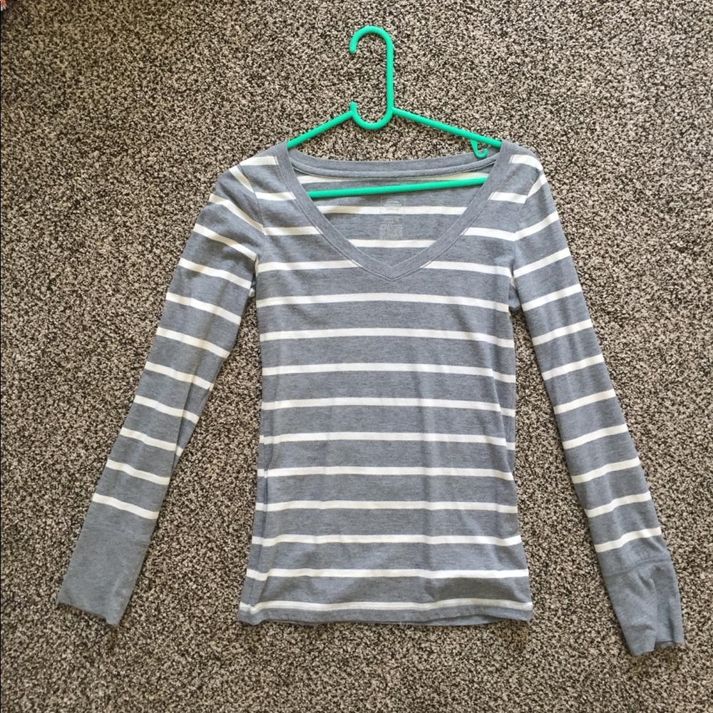 Grey and white striped long sleeve shirt